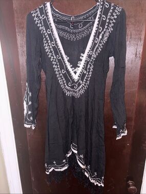 Black Embroidered V-Neck Women's Dress